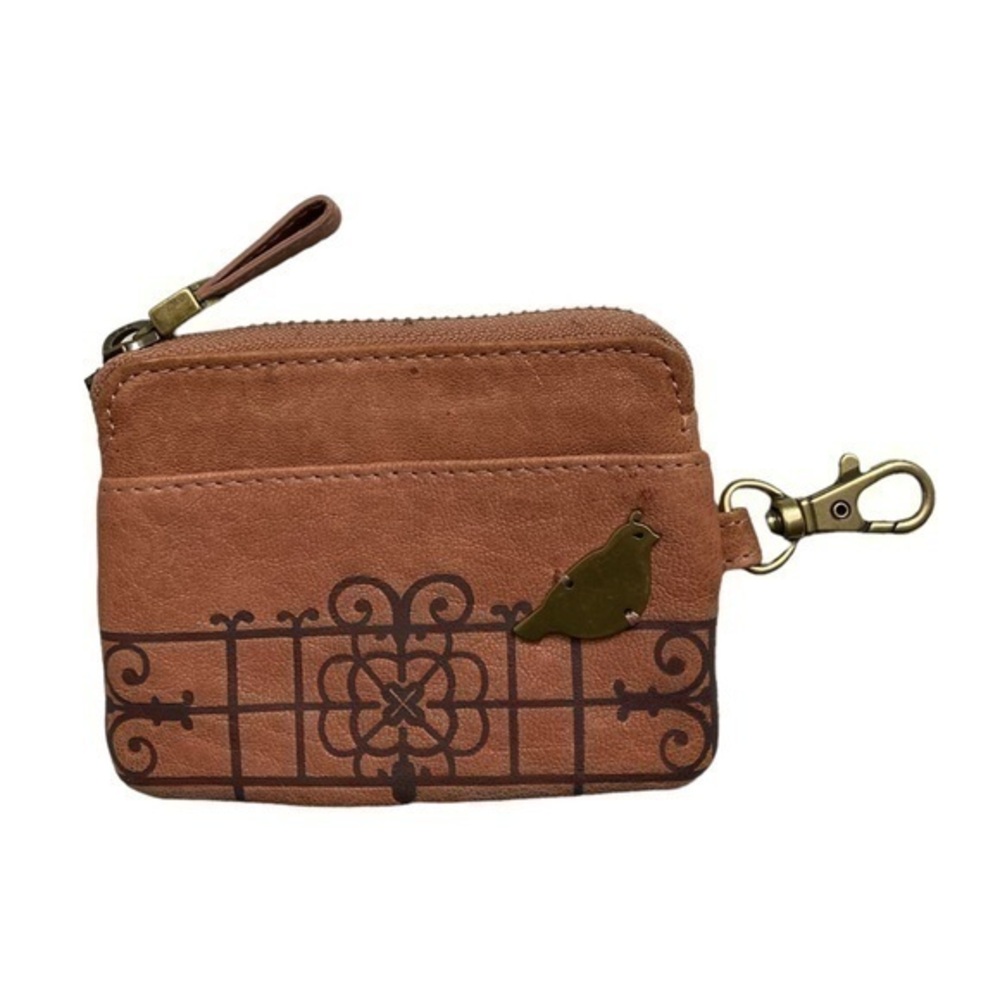 Fossil brown leather bird ID card clip on coin purse mini wallet